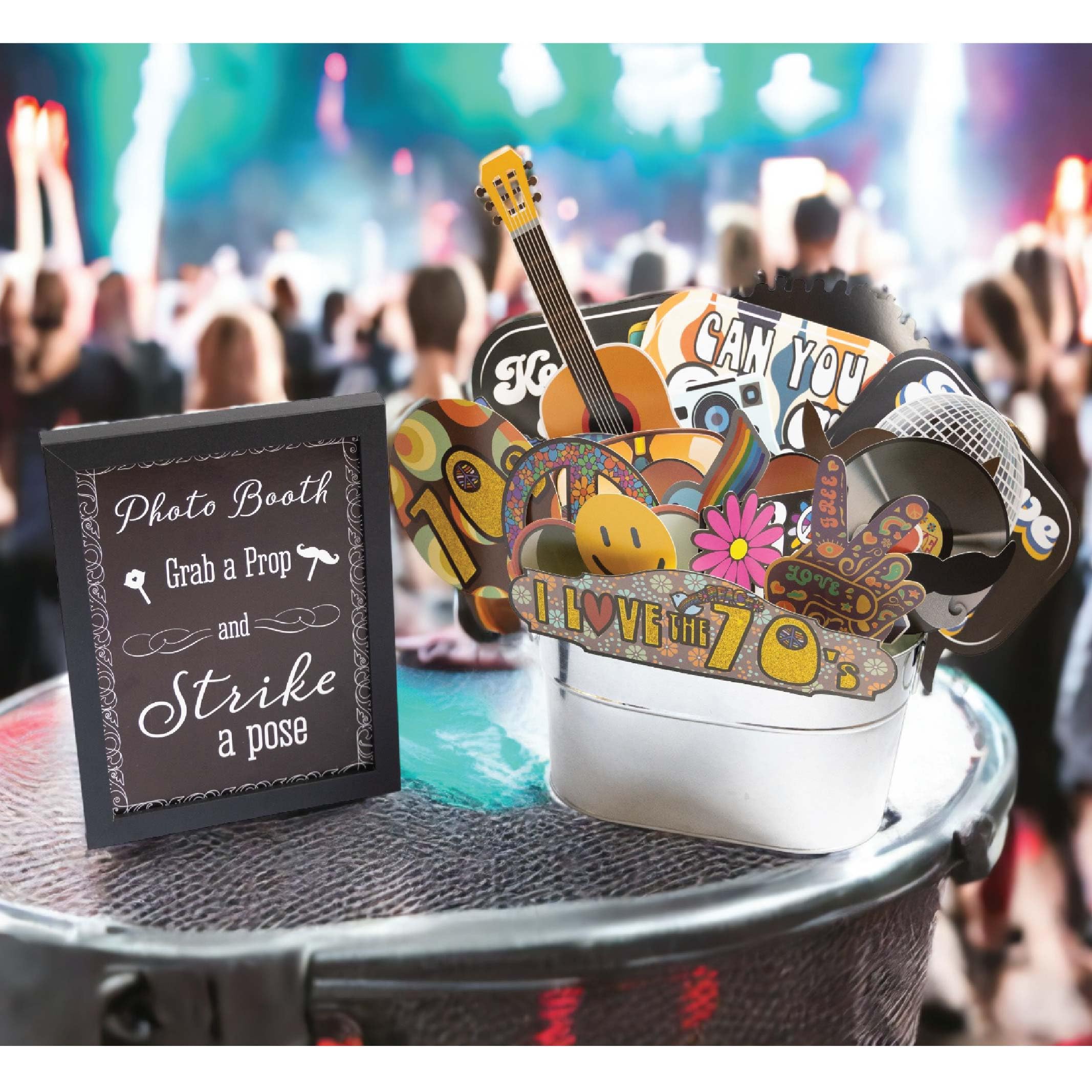 70S Photo Booth Props - 41-Pc Disco Photo Booth Kit With 8 X 10-Inch Sign, 60 Adhesive Pads, 45 Sticks - Disco Photo Booth Props